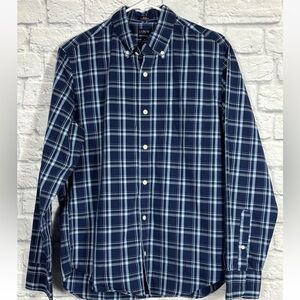 J. Crew Performance Slim Untucked Mens Blue Plaid Button Front Shirt Size Medium